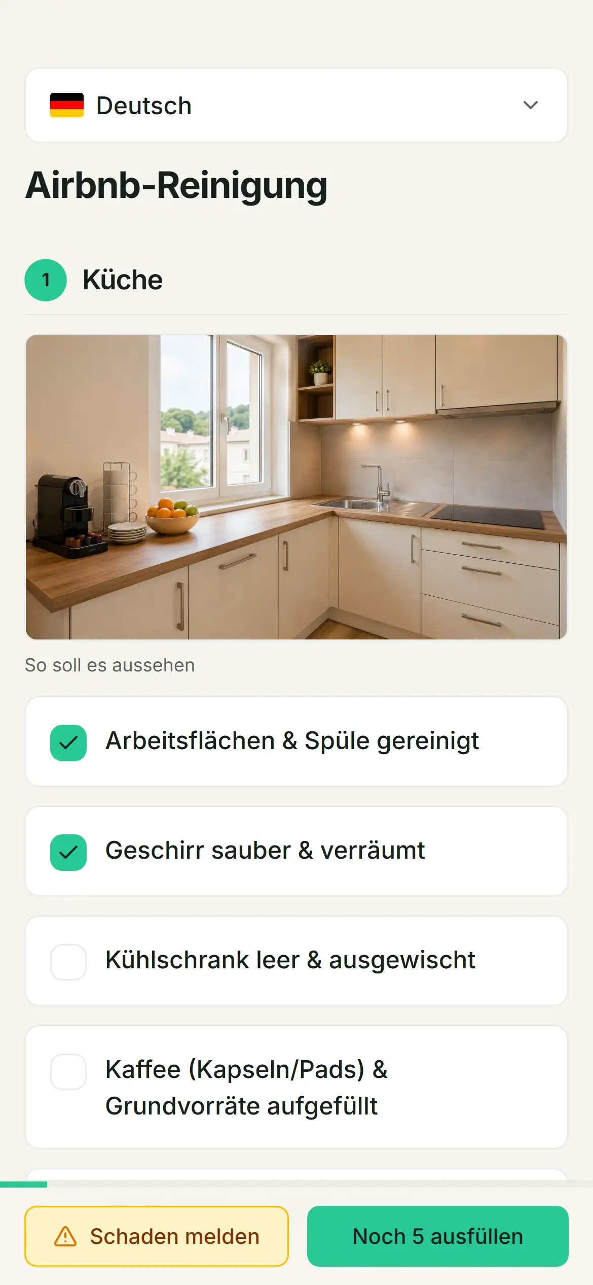 Mobile Cleanlist-Oberfläche mit einer beispielhaften Checkliste für die Airbnb-Reinigung