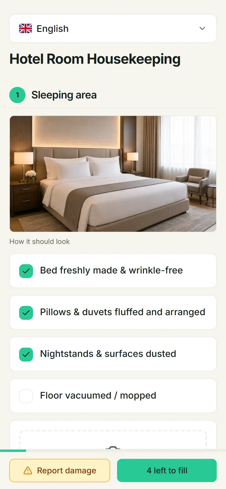 Mobile Cleanlist interface showing an example checklist for hotel room housekeeping