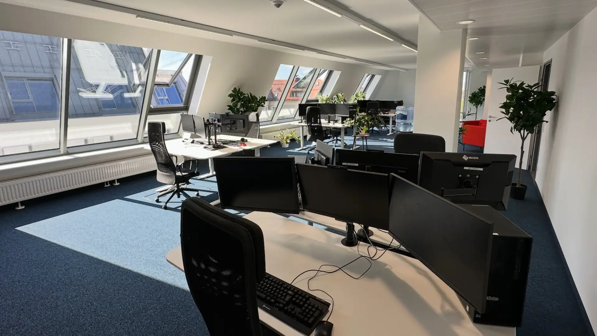 Bright workstations with desks, monitors and plants at HOLLY HUB in Klagenfurt