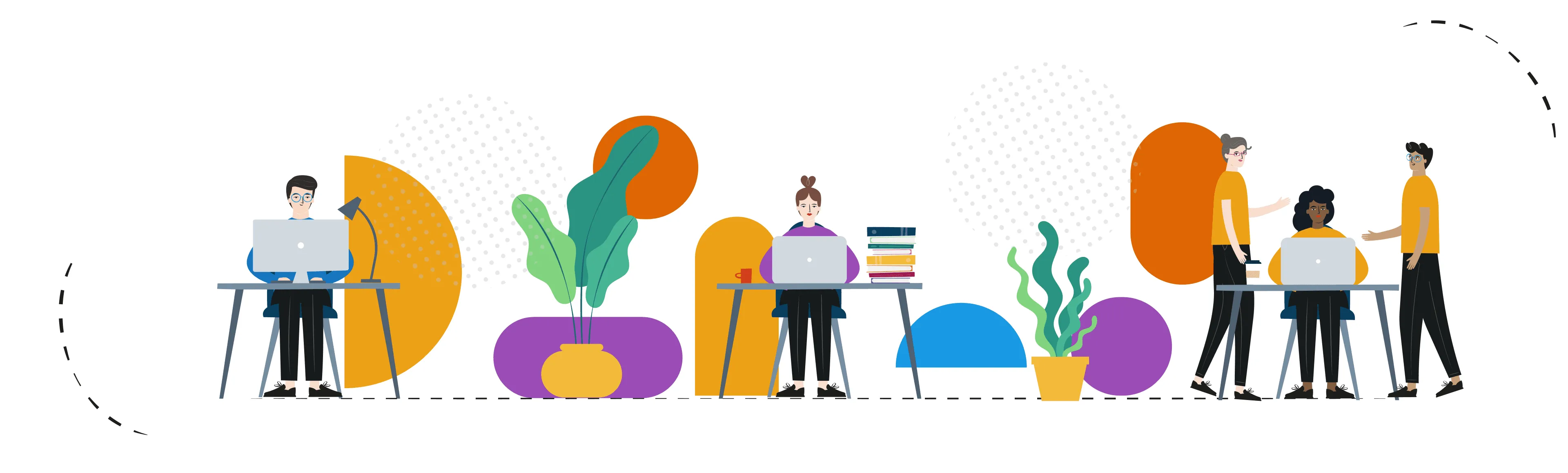 Illustration mit drei Arbeitsplätzen: zwei Personen arbeiten allein am Laptop, an einem dritten Tisch bespricht sich ein Team zu dritt