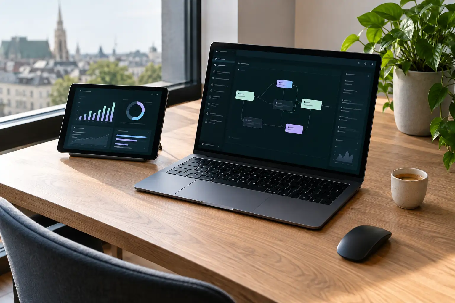 AI-generated digital workspace with a workflow view on a laptop and a dashboard on a tablet