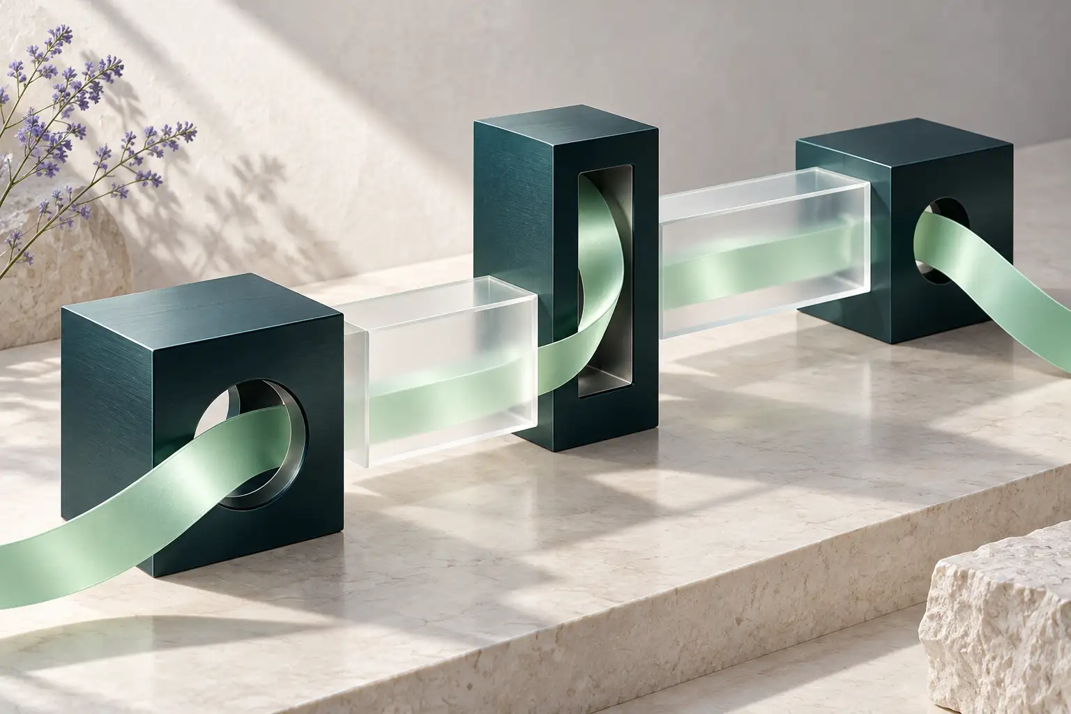 Three petrol modules connected by glass bridges and a mint ribbon, symbolising connected processes