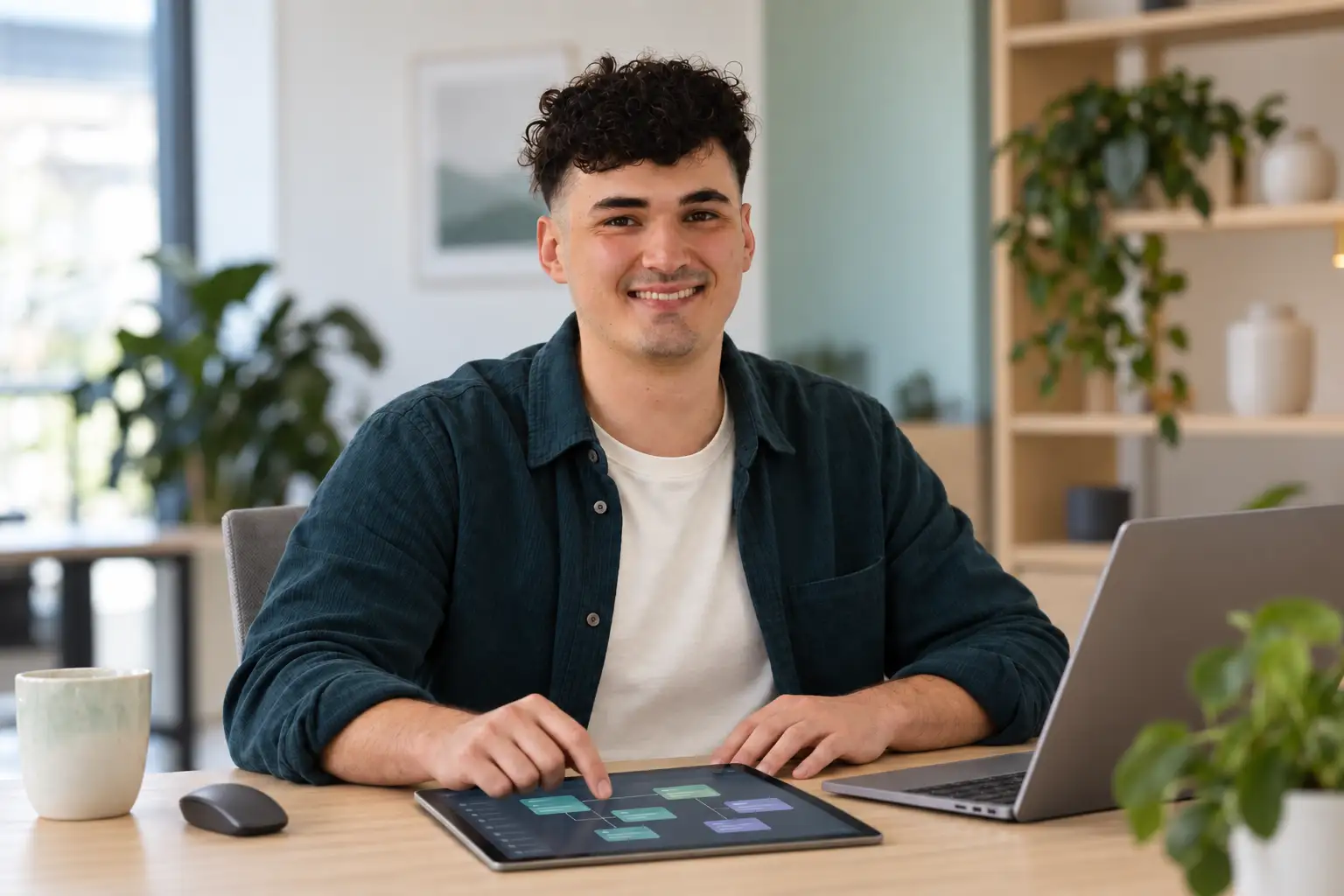 AI-assisted depiction of Dominik Pototschnig working on digital workflows on a tablet beside a laptop
