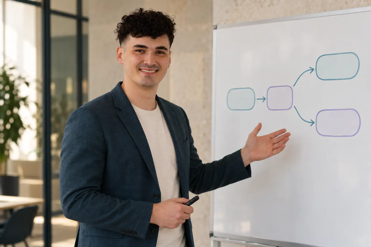 AI-generated workshop scene with Dominik Pototschnig at a whiteboard with a simple process diagram