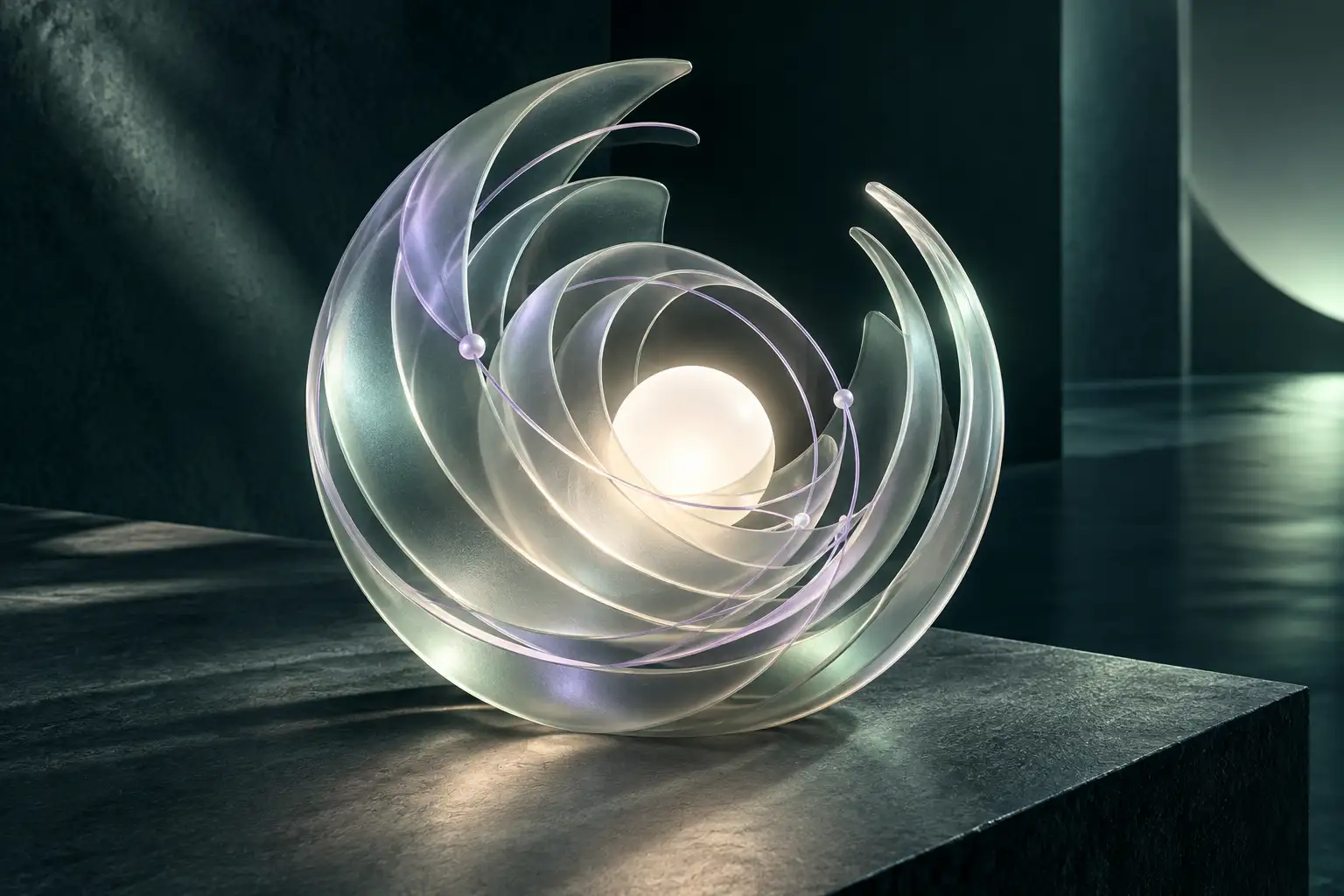 Abstract glass sculpture with a glowing core and lavender connections against a dark petrol background